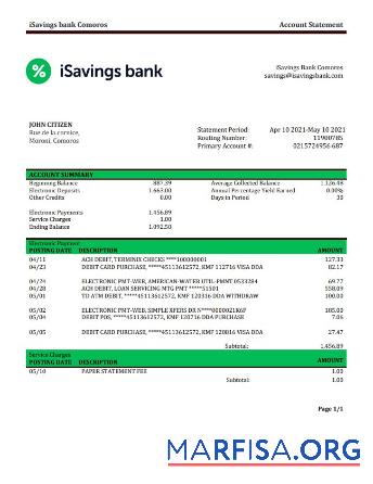 Printable Comoros iSavings bank statement word sample